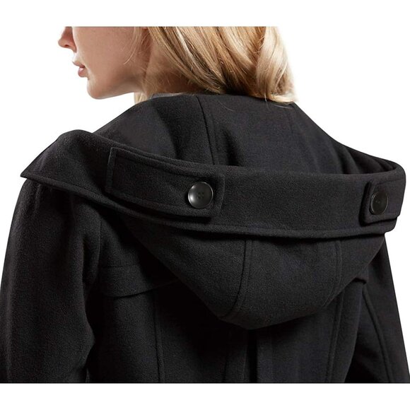 Women's Black Warm Double Breasted Wool Pea Coat Trench Coat Jacket with Hood - Picture 4 of 8